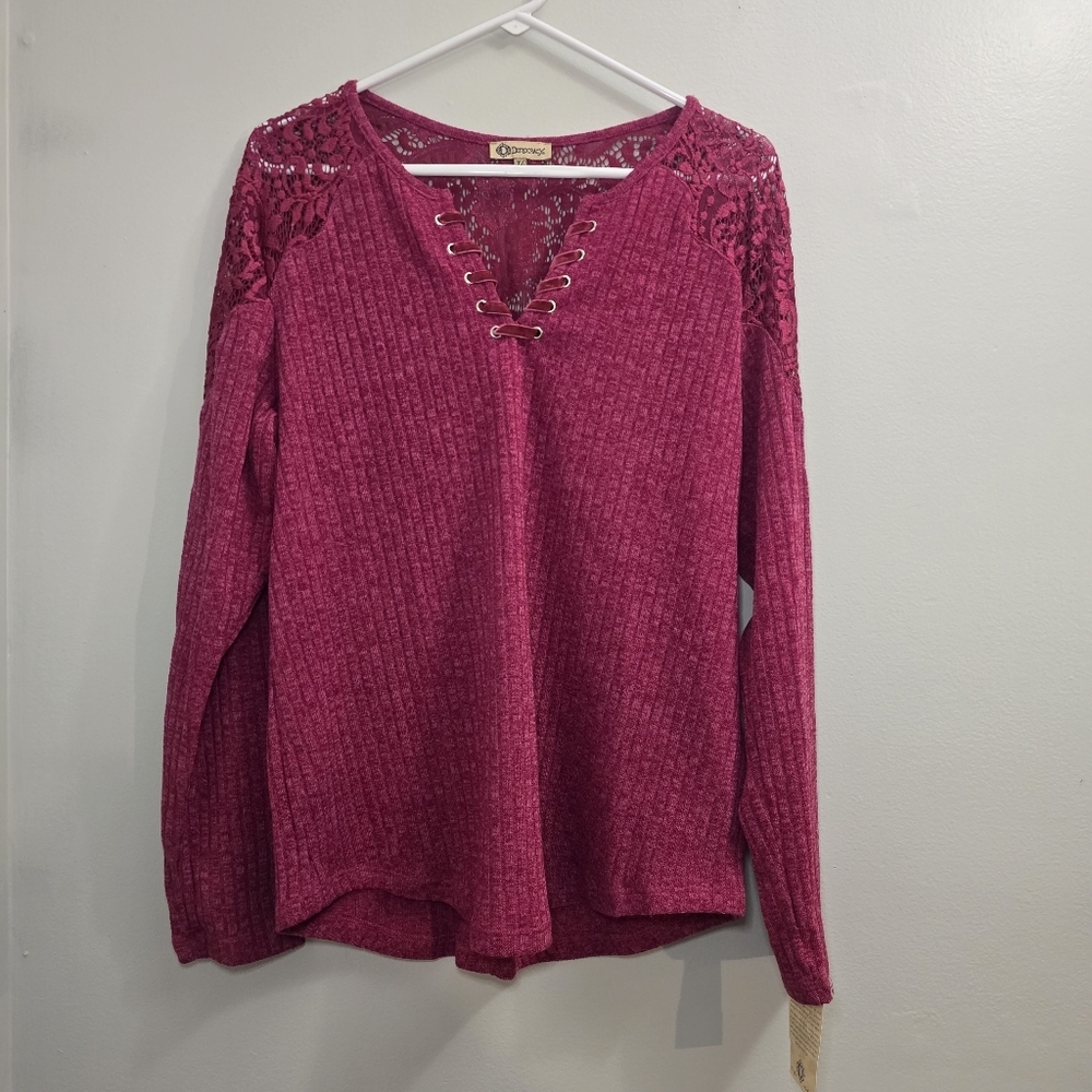 Democracy Core Essential Long Sleeve Thermal Lace Up Notch Neck Top Size XL